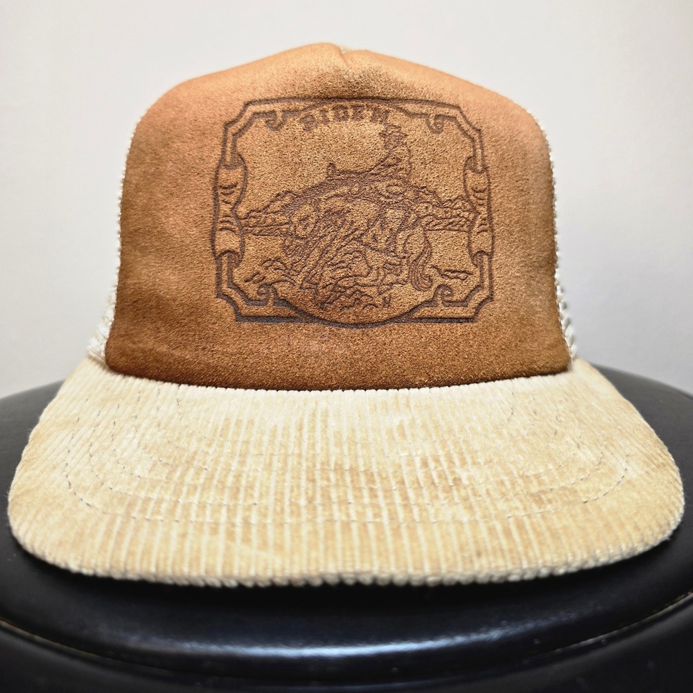 Vintage Ride'M 80s Western Leather Branded Corduroy PBR Cowboy Snapback Hat